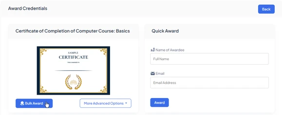 CertifyMe Quick Award and Bulk Award credential issuance screen