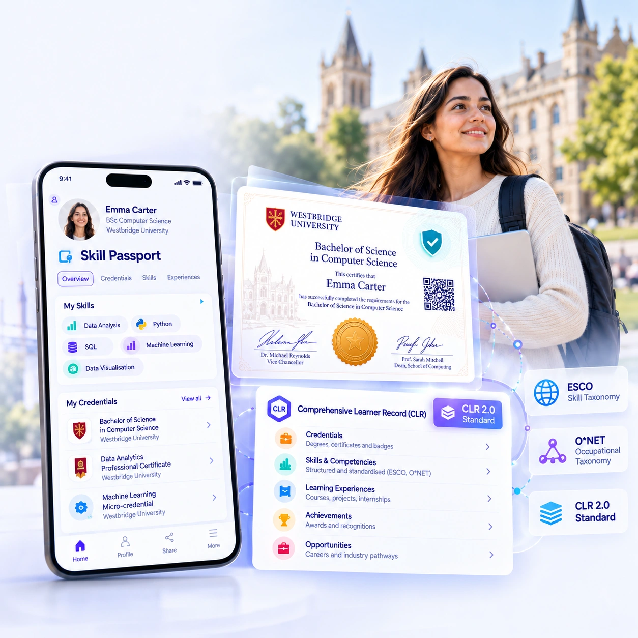 Conceptual learner-record illustration combining a learner’s achievements, example skills and a skill-passport phone view.