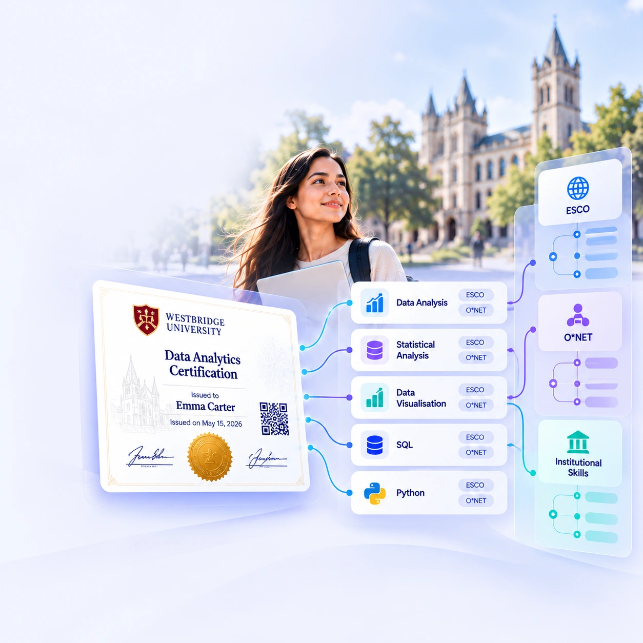 Conceptual skill-taxonomy alignment illustration with a credential connected to example skills and ESCO, O*NET and institutional taxonomy references.