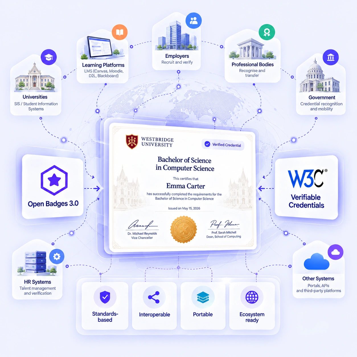 Conceptual standards-based credential ecosystem connecting a credential with compatible digital systems.