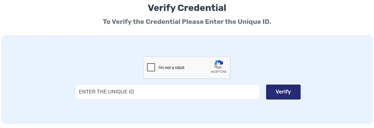 CertifyMe public credential verification page with unique ID lookup and verification status