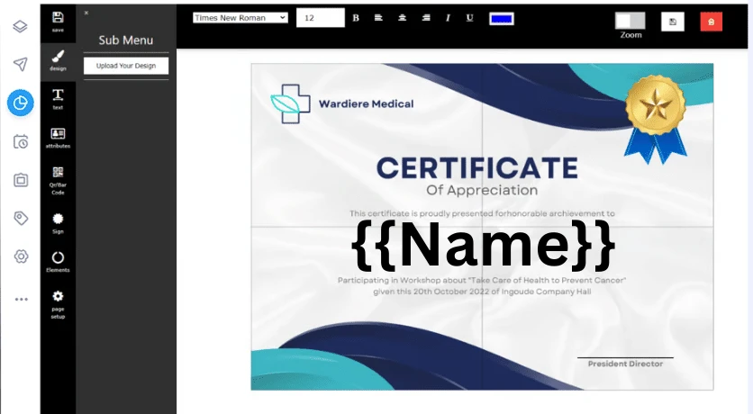 CertifyMe credential designer showing a branded employee learning credential template