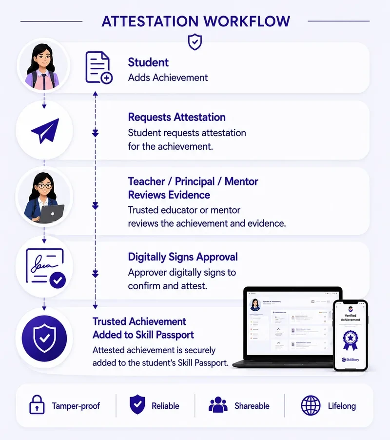SkillStory visual explaining educator and mentor attestation of learner achievements