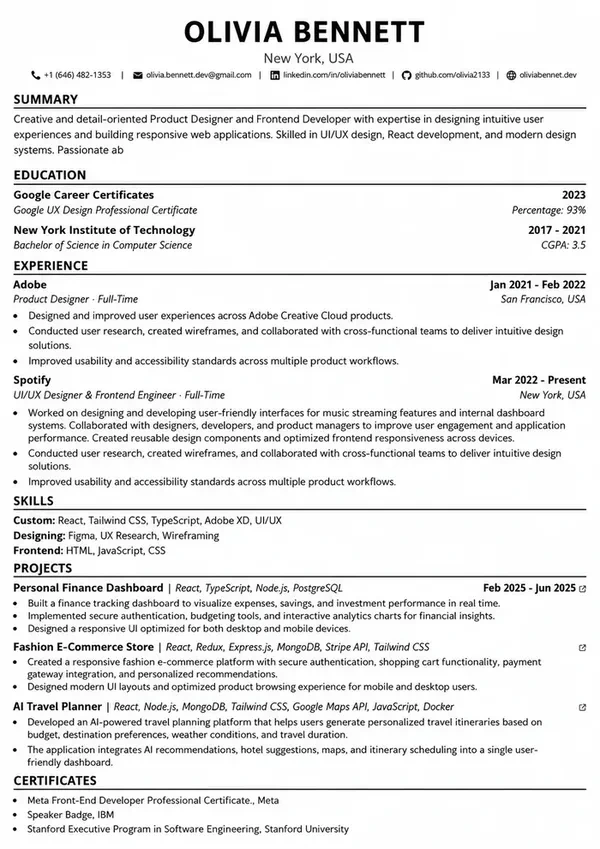 SkillStory CV template showing a learner's professional experience and skills