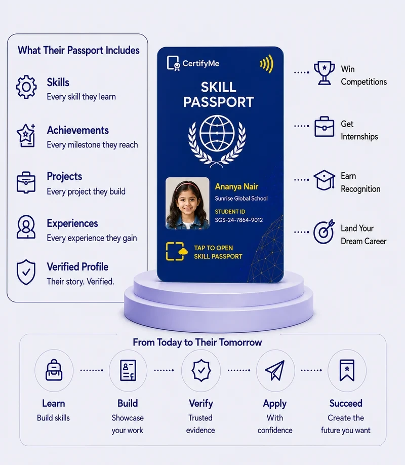 SkillStory visual connecting a learner Skill Passport with skills, achievements and career opportunities