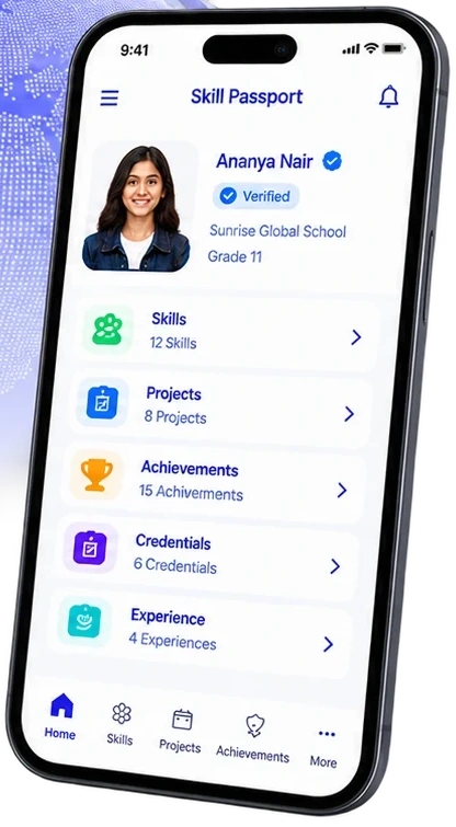 SkillStory Skill Passport mobile interface with the learner record displayed on a phone