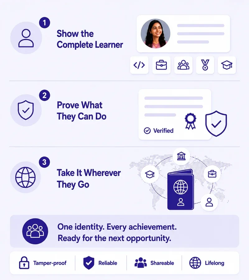 SkillStory visual of a student Skill Passport representing a connected learner achievement record
